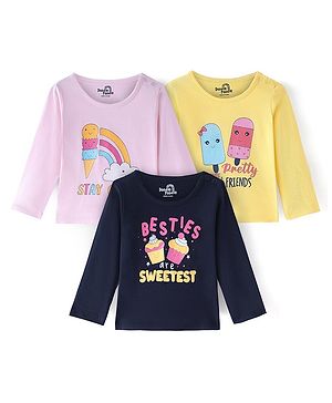 Doodle Poodle 100% Cotton Knit Full Sleeves T-Shirts with Text & Ice Cream Print Pack of 3 - Multicolour