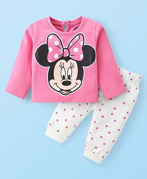 Babyhug Disney Single Jersey Knit Full Sleeves Night Suit with Polka Dots & Minnie Mouse Graphics - Dark Pink & White