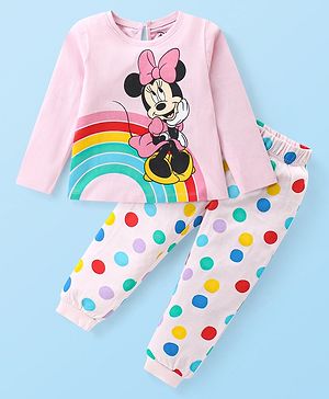 Babyhug Disney Single Jersey Knit Full Sleeves Night Suit with Polka Dots &  Minnie Mouse Graphics - Pink