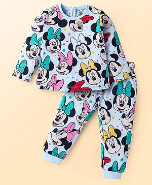 Babyhug Disney Single Jersey Knit Full Sleeves Night Suit With Minnie Mouse Print - Blue