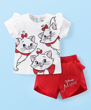 Babyhug Disney Cotton Knit Half Sleeves Top & Mid Length Shorts Set With Frill Detailing & Marie Graphics - White & Red