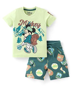 Babyhug Disney Cotton Knit Half Sleeves T-Shirt & Shorts Set With Mickey Mouse Graphics - Green