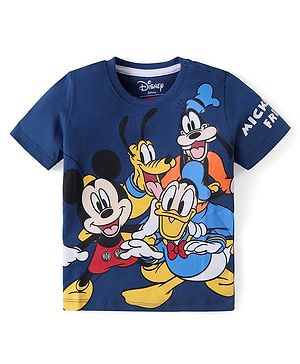 Babyhug Disney  Cotton Knit Half Sleeves T-Shirt with Mickey Mouse and Family Print - Blue