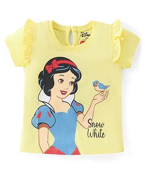 Babyhug Disney Cotton Knit Half Sleeves Top with Snow White Graphics & Frill Detailing - Yellow