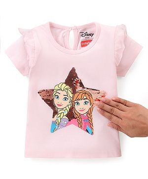 Babyhug Disney 100% Cotton Knit Frill Sleeves Top With Disney Princess Graphics - Pink