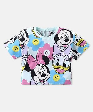 Babyhug Disney Cotton Knit Half Drop Shoulder Sleeves T-Shirt with Minnie Mouse Print - Mint