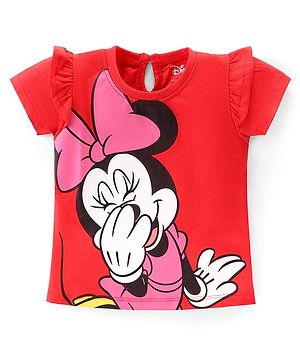 Babyhug Disney Cotton Knit Cap Half Sleeves Top With Frills Detailing & Minnie Mouse Graphics - Red