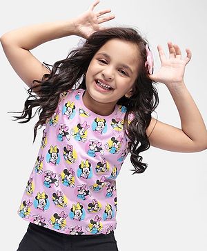 Babyhug Disney Cotton Knit  Sleeveless Top with Frill Detailing & Minnie Mouse Print - Pink