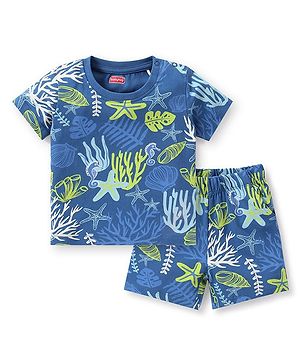 Babyhug Cotton Knit Half Sleeves Night Suit Star Fish Print - White