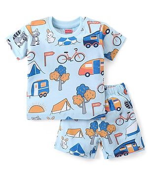 Babyhug Cotton Knit Half Sleeves Night Suit With Camping Print  - Blue