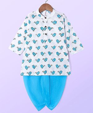 Babyhug Cambric Woven Full Sleeves Bird Printed Kurta & Dhoti Set - White & Blue