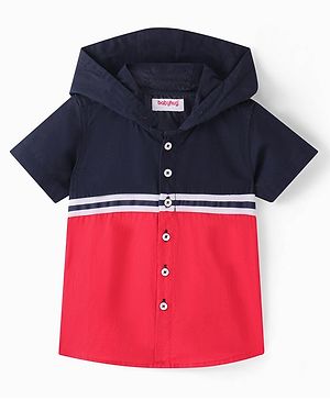 Babyhug Cotton Half Sleeves Solid Hooded Shirt - Red & Blue