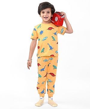 Babyhug Cotton Knit Half Sleeves Night Suit Dino Print - Yellow