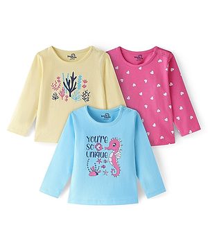 Doodle Poodle 100% Cotton Knit Full  Sleeves T-Shirts Heart & Sea Horse Print Pack of 3 - Multicolour