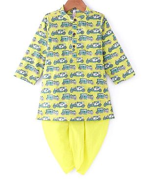 Babyhug Cambric Woven Full Sleeves Kurta Dhoti Set with Car Print - Yellow