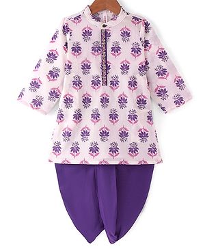 Babyhug Cambric Woven Full Sleeves Kurta Dhoti Set with Floral Print & Embroidery - Purple