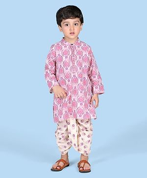 Babyhug Cambric Full Sleeves Kurta Dhoti Set With Embroidery Floral Print - Purple