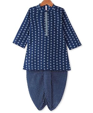 Babyhug Cotton Woven Cambric Full Sleeves Kurta Dhoti Set With Floral Print  - Indigo