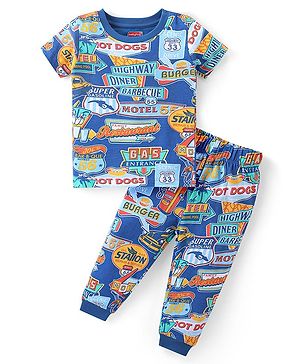 Babyhug Single Jersey Knit Half Sleeves Night Suit Text Print - Navy