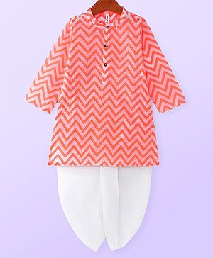 Babyhug Cotton Woven Cambric Full Sleeves Kurta Dhoti  Set Chevron Print - Orange