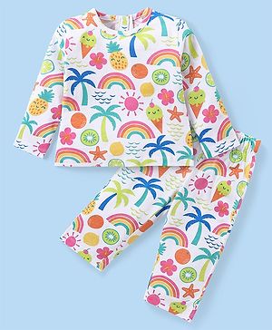 Babyhug Cotton Knit Full Sleeves Night Suit With Tropical Print - White
