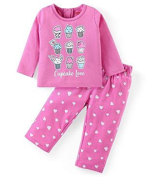 Babyhug Cotton Knit Full Sleeves Night Suit With Cupcakes & Hearts Print - Pink