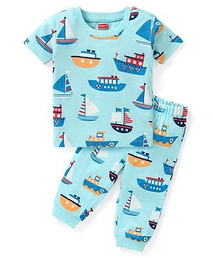 Babyhug Single Jersey Half Sleeves Night Suit Boat Print - Blue