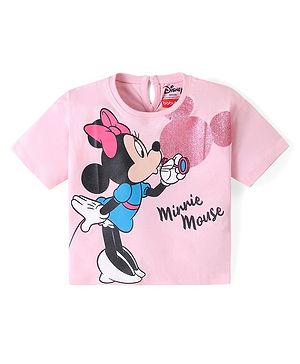 Babyhug Disney Cotton Knit Drop Shoulder Half Sleeves T-Shirt with Minnie Mouse Graphics - Pink