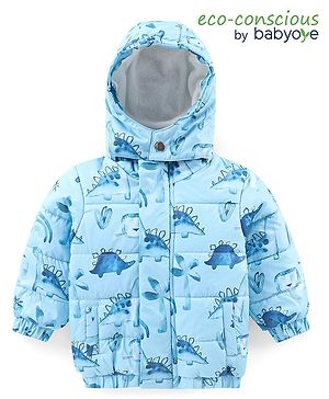 Babyoye Woven Full Sleeves Front Open Padded Hooded Jacket with Dino Print - Sky Blue