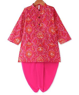 Babyhug Cotton Cambric Woven Full Sleeves Printed Kurta Dhoti  Set - Fuschia
