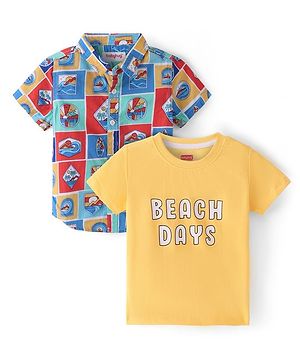 Babyhug Cotton Woven Half Sleeves Check Shirt with Beach Days Printed T-Shirt - Multicolor