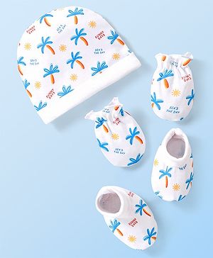Babyhug 100% Cotton Cap Mittens & Booties Tropical Print White - Diameter 10 cm
