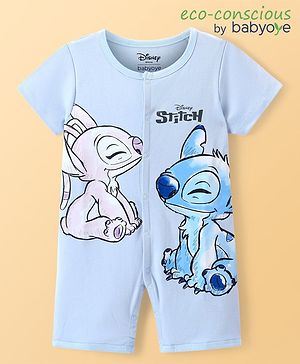 Babyoye Disney Interlock Knit Half Sleeves Above Knee Length Romper with Lilo and Stitch Graphics - Sky