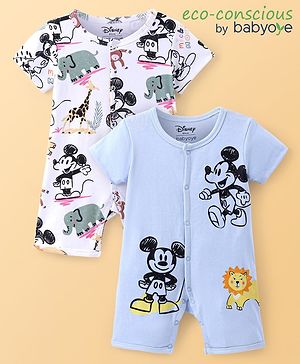 Babyoye Disney Interlock Knit Half Sleeves Romper With Mickey Mouse Print Pack Of 2 - Blue & White