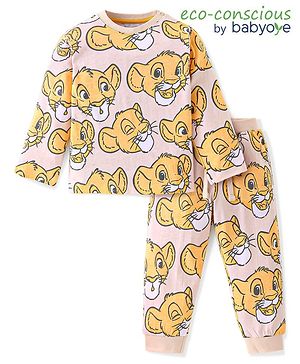 Babyoye Disney 100% Cotton Knit Full Sleeve Night Suit with Lion King Print- Light Brown