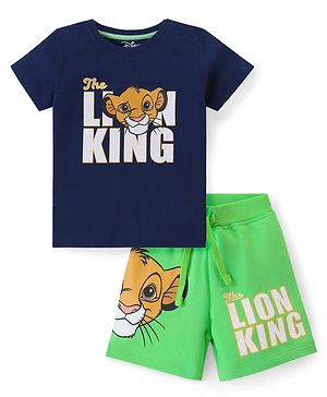 Babyoye Disney Cotton Knit Half Sleeves T-Shirt & Shorts Set With Lion King Graphics - Navy & Green