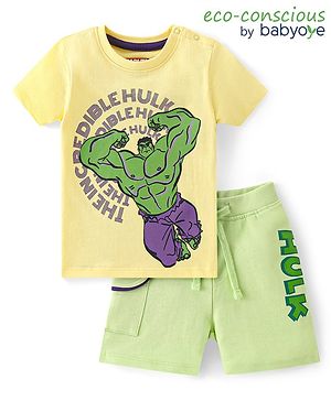 Babyoye Marvel  Interlock Knit Half Sleeves T-Shirts & Shorts Set with Hulk Graphics - Multicolour