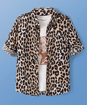 Pine Kids Viscose Woven Full Sleeves Cheetah Printed Shirt with Inner Tee - Cream & Black