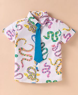 Lil' Drama Half Sleeves Snake Printed Cotton Shirt  - White