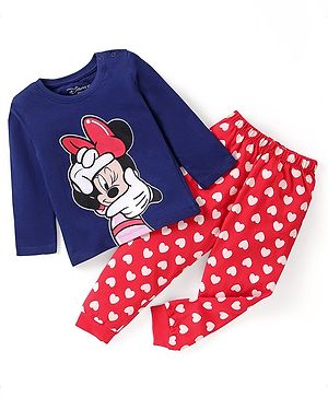 Babyhug Disney 100% Cotton Knit Full Sleeves Night Suit Minnie Mouse Graphics - Blue & Red