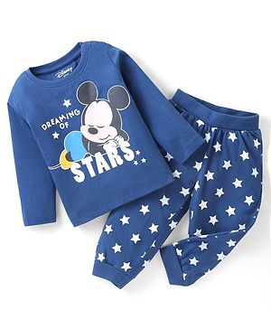 Babyhug Disney Cotton Full Sleeves Night Suit With Mickey Mouse Print - Blue