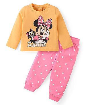 Babyhug Disney Cotton Knit Full Sleeves Night Suit With Minnie Mouse Graphics - Orange & Pink