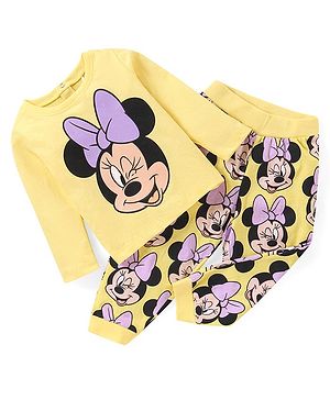 Babyhug Disney 100% Cotton Knit Full Sleeves Night Suit Minnie Mouse Graphics - Yellow