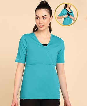 Zelena Half Sleeves Solid Maternity Zipless Top With Nursing Access - Sea Green