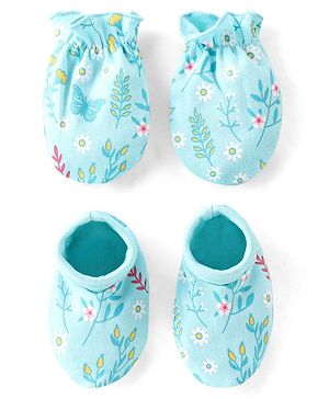 Babyhug Mittens and Booties Floral Print - Blue