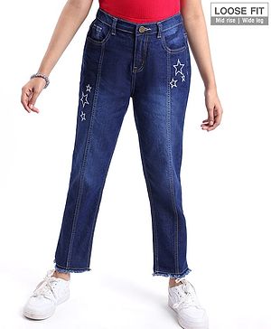 Pine Kids Denim Woven Ankle Length Washed Jeans With Star Print -Navy
