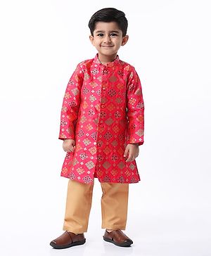 Babyhug Woven Full Sleeves Brocade Kurta With Payjama Set - Dark Pink