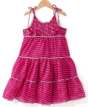 Babyhug Woven Singet Sleeves Kotta Printed & Sequins Detailing Ethnic Dress - Fuchsia