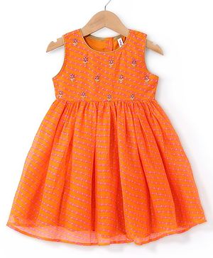 Babyhug Sleeveless Kotta Printed Ethnic Dress Floral Embroidery - Orange