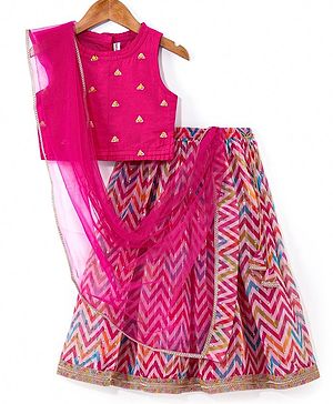 Babyhug Woven Sleeveless Sequined Embroidered Choli with Chevron Printed Dhari Lenhenga & Dupatta Set - Multicolour